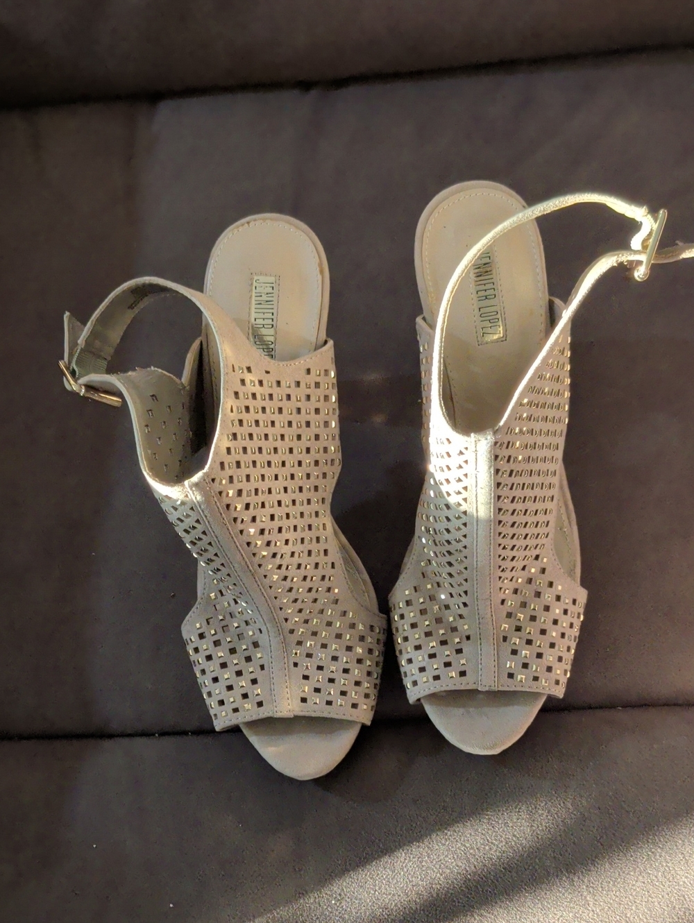 Jennifer Lopez Taupe Laser-Cut Peep-Toe Slingback Heels